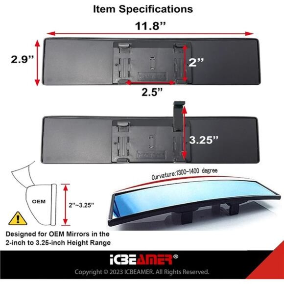 11.8 Inch Car Rearview Mirror, Panoramic Wide Angle, HD Blue Tint Glass,Interior - Picture 5 of 7